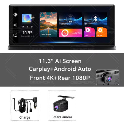 4K 11.3inch Wireless CarPlay Dash Cam Portable Car Radio Screen Android Auto Voice Control BT